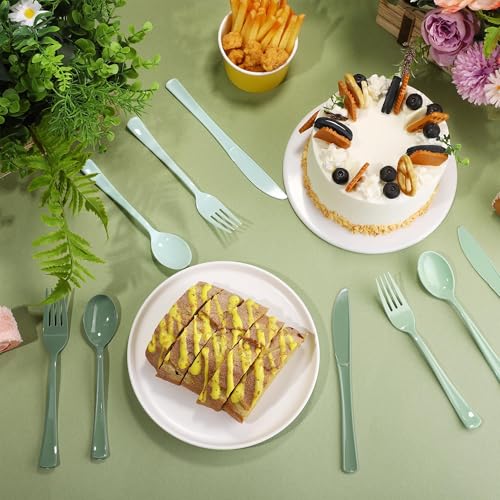Kochorie 300 Pieces Sage Green Plastic Silverware with Spoons Forks Knives - color: Sage Green