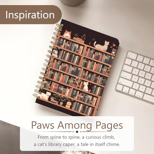 Cute Spiral Notebook Journal A5 6x9 Note Book with Pocket, Cat - color: Cat Bookshelf