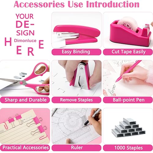 Dimonluce Hot Pink Desk Accessories, Hot Pink Office Supplies Accessories with Tape Dispenser, Stapler, Staple Remover, 1000 Staples, Tape, Clips Set, Ruler, Scissor, Pen - color: Hot Pink