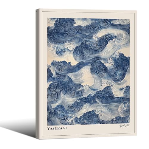 Japanese Blue Waves Wall Art Vintage Oriental Japandi Wabi Sabi Poster 08x10 inch Framed Abstract Giant Waves Canvas Prints for Minimalist Living Room Wall Decor - color: Trendy 3-WFramed, size: 10"L x 8"W