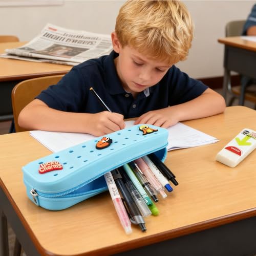 1 Pack Cute Silicone Pencil Case Pencil Pouch with DIY Holes and 3 Decoratives(Random) Travel Makeup Brush Bag suitable for travel home7.81inch (Pale Blue) - color: Pale Blue