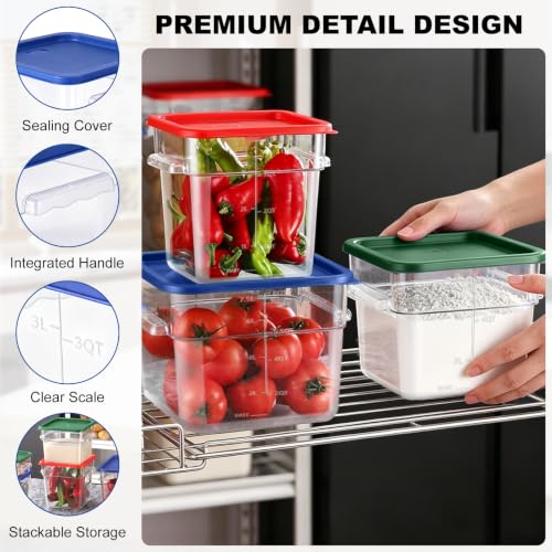 4Pack - 8QT Food Storage Containers with Lids & Handles, Polycarbonate Clear Airtight Food Container with Scale Marks for Bread Proofing, Flour, Commercial Grade, Restaurant & Kitchen, Square, Red - color: Red, size: 8QT