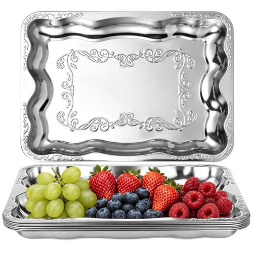 6 Pcs Silver Serving Trays, Engraved Butterfly Floral Serving Platters, Mirror Polished Stainless Steel Food Trays, Decorative Silver Plates for Appetisers, Fruits, Desserts - size: 15.7 x 11.6 x 1.6 in