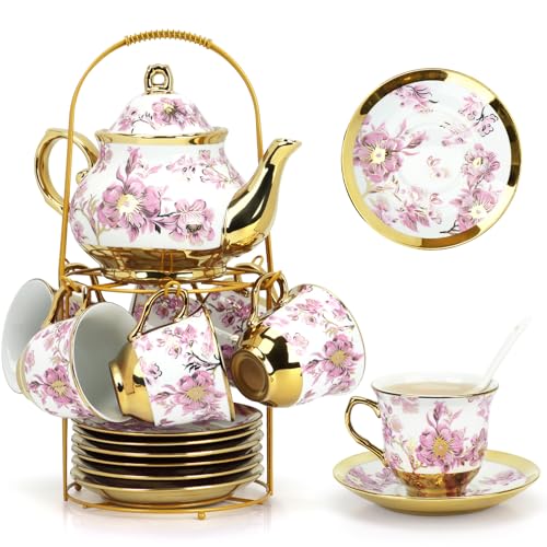 20 Pcs Porcelain Tea Set With Metal Holder,for 6 People,23.7ozTeapot