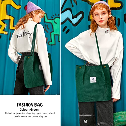 Ayieyill Corduroy Tote Bag for Women Canvas Shoulder Cord Purse with Inner Pocket - color: Green