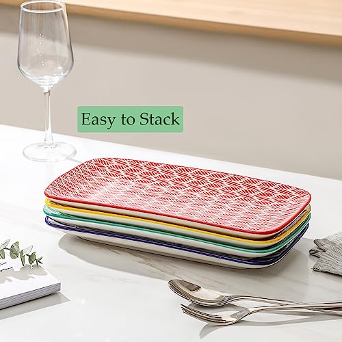 Selamica Ceramic Rectangular Serving Platters Set of 4, 12 Inch Serving Trays/Dishes for Party Entertaining, Rectangular Dinner Plates for Appetizer Salad Dessert Sushi, Assorted Colors - color: Assorted Colors, size: 12 Inch, Set of 4