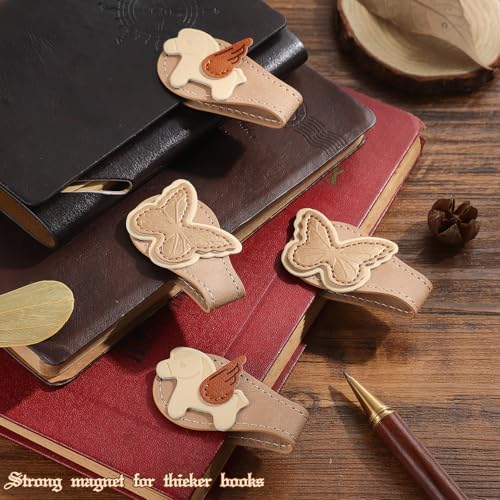 2PCS Vintage Magnetic Leather Bookmark, Leather Magnetic Bookmarks for Women, Magnetic PU Bookmarks Clip Book Accessories - style: Butterfly&Pony