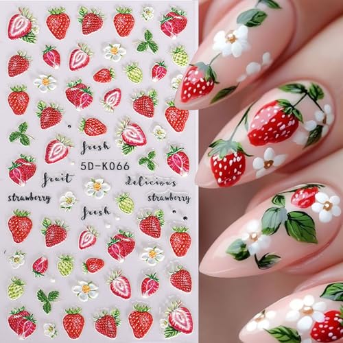 5D Embossed Fruit Nail Art Stickers 6PCS Self-Adhesive Nail Decals Orange Lemon Strawberry Cherry Watermelon Leaves Flowers Design Summer DIY Manicure Decorations Nail Accessories for Women - style: 5D Fruit Styles