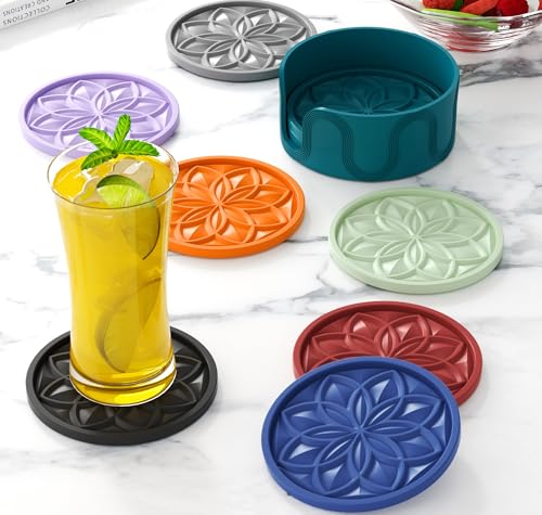 HFHOME Silicone Coasters Set for Drinks - 6 Pack With Holder, Table Cup Mat for Coffee Table, Desk, Bar - Tabletop Protection Gift - Nyanza Green - color: Nyanza Green
