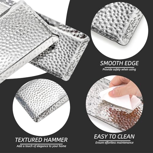 4 Pieces Hammered Silver Tray, Small Stainless Steel Appetizer Platter, 9.8 Inch Decorative Jewelry Dish Vanity Organizer for BBQ, Towel, Candle, Perfume, Cosmetic (Pack of 2) - size: 9.8''L x 4.2''W x 0.4''H (Pack of 2)