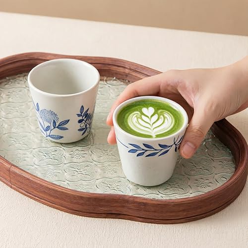 6 oz Chinese Tea Cups, Coffee Cups Ceramic, Handle-less Espresso Cups - color: Blue- Plants 1
