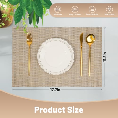 Placemats Set of 6，Non-Slip PVC Weave Table Mats Easy to Clean，Heat Resistant Place Mats for Kitchen Dining Table Decoration Indoor Outdoor，Beige - color: Beige