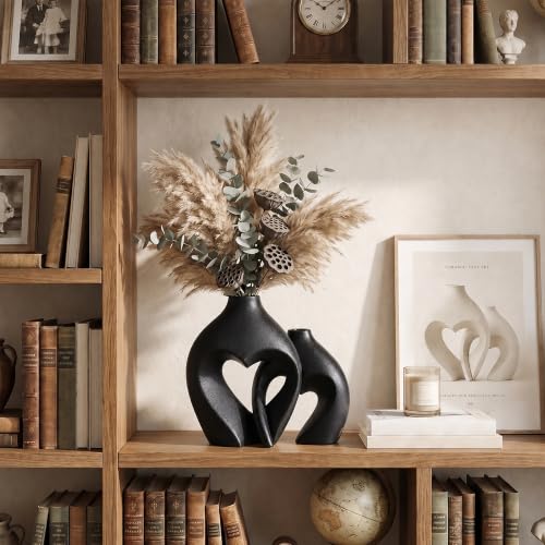 Modern Ceramic Flower Vases Home Decor Heart Shaped Vase Set of 2 Black - color: Black