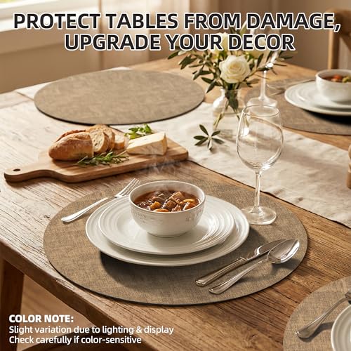 Placemats Set of 6, 15 Inch Round Faux Leather Place Mats - color: R-brown