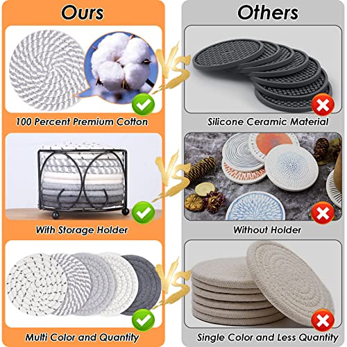 Lezmarket 10 Pcs Absorbent Drinks Coasters with Holder, 5 Colors Coasters for Drinks Absorbent, Minimalist Cotton Woven Coaster Set for Home Decor Tabletop Protection Suitable for All Cups, 4.3 inch