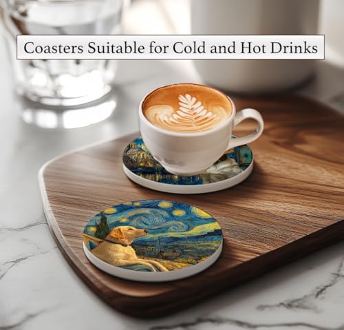 Nikyi 6 Pcs Cute Labrador Retriever Dog Ceramic Absorbent Coasters, Round Drink Coaster with Metal Holder and Cork Base, for Coffee Table Kitchen Bedroom Living Office Desk Home Decor or Gifts - color: Cute Labrador Retriever Dog
