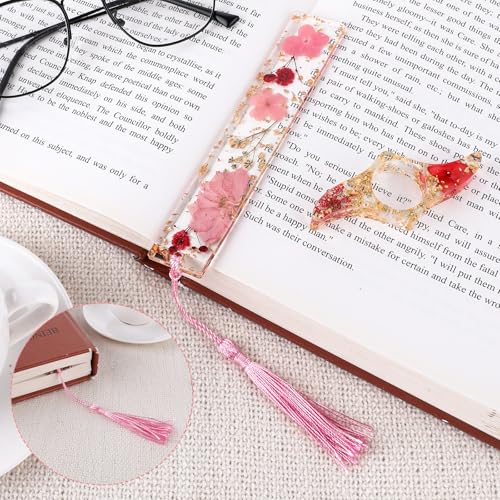 2 Pcs Dried Flower Resin Books Page Holder, Book Mark Transparent Book Thumb Page Holder Bookmarks with Tassel Reading Accessories Gift for Reading Lovers, Literary, Students, Teachers