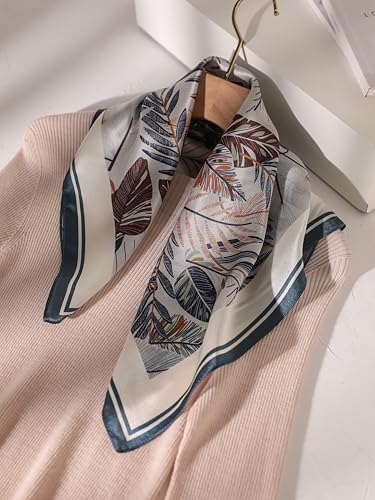 100% Pure Mulberry Silk Scarf 21" Women Square Scarf Neckerchief Headscarf - color: Gray and Blue Leaves