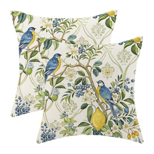 Chinoiserie Pillow Covers 18x18 Pack of 2 Blue Yellow Bird Lemon Floral Throw Pillow Cover Outdoor Decor Vintage Spring Summer Birds Pillowcase Farmhouse Decorative Cushion Case for Home Sofa - color: Bird Lemon Floral, size: 18" x 18" (Pack of 2)