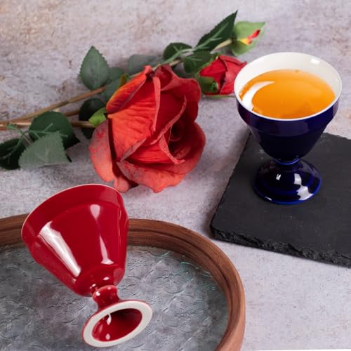 KAMMAK Tea Cup, 3oz Small Tea Cups Set of 2, Ceramic Tea Cups for Home, Tea Party, Office, Fashion Porcelain Tea Set with Short Stem, Chinese Kungfu Tea Set for Hot/Cold Drink (Red and Blue) - style: 680N+681N Red and Blue