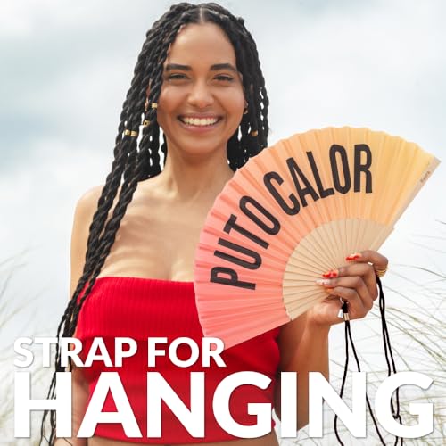 Fisura – Original Gradient Folding Fan with Message “P*to calor”. Wooden Handheld Fan for Women with Hanger. Accessory for Weddings, Parties, Festivals, Birthdays and Fun Gift Ideas. - color: Calor, Sunset Gradient