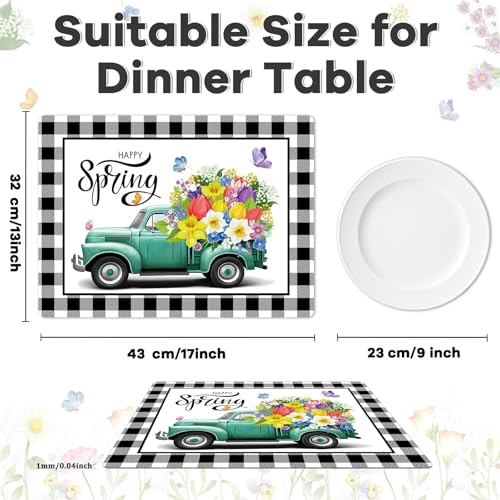 Happy Spring Placemats Set of 6 Black White Plastic Table Mat 17×13×0.04in - style: Flowers Trucks