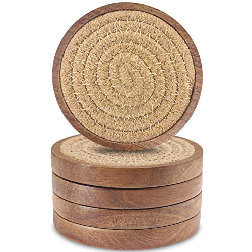 Wood Coasters for Drinks, Eykao Absorbent Coaster Sets of 5, Woven Drink Coasters for Coffee Table, Housewarming Gift for Farmhouse Home Decor,4 inches - color: Brown