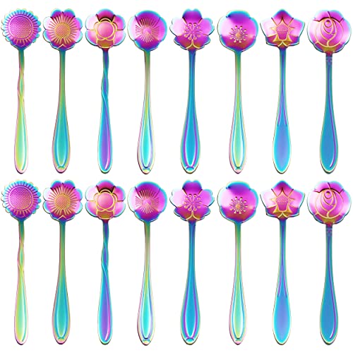 16 Pieces Flower Spoon Coffee Teaspoon Set, PBIEHSR Stainless Steel Coffee Tea Spoons for Drink Mixing Milkshake Jam - style: Multicolor