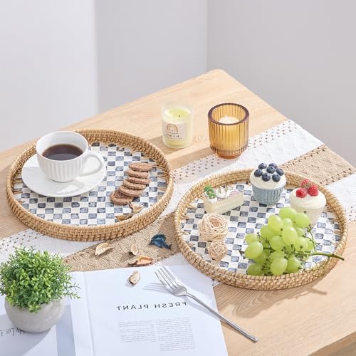 Round Rattan Tray with Mother of Pearl Inlay, Rattan Serving Tray with Wooden Base, Decorative Wicker Basket for Table Decor, Storage and Display of Coffee Bread Food Fruit (Checkerboard 11.8") - color: Checkerboard, size: 11.8"