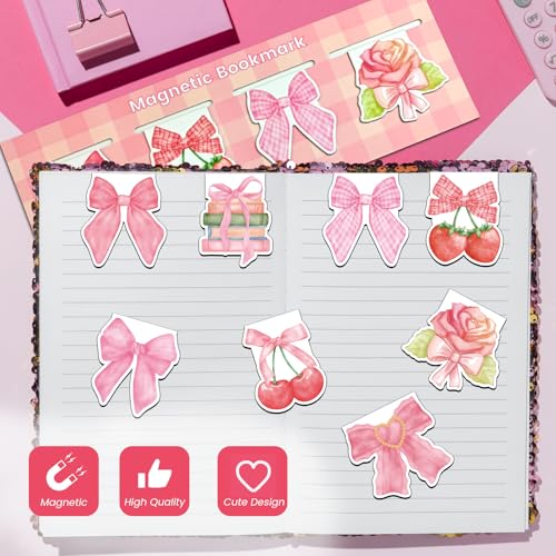 Coquette Style Magnetic Bookmarks Pink Bow Book Mark Cute Planner Bookmark Set for Book Lovers Cherry Strawberry Magnet Bookmark Clips Unique Small Gifts for Reading Women Girly Student Teacher 8 PCS