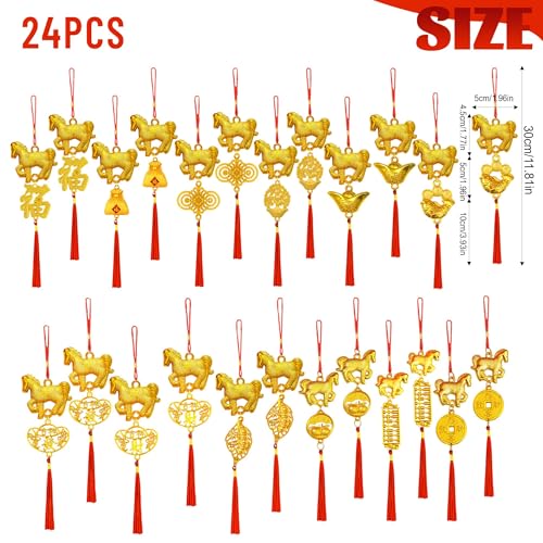 24 Pcs Chinese New Year Decorations Year of The Horse 2026 Chinese Knot Tassel Lucky Charm Feng Shui Hanging Pendants for Lunar New Year Wealth Success Good Luck Home Kitchen Bonsai Car Decor