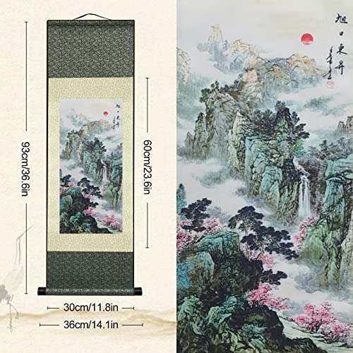 AtfArt Silk Scroll Painting, Waterfall Landscape, Set of 4, 36.2x12in - color: A8
