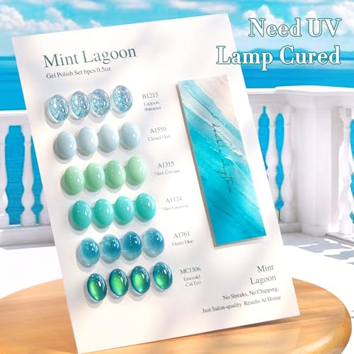 Double Rhythm 6 Pcs 15 ML Gel Polish Set Same Color Same Bottle Soak Off Cat Eye Glitter Gel Polish Kit Nail Art Manicure Salon DIY at Home for Women (Teal Mint Green-T6-96) - color: Mint Lagoon