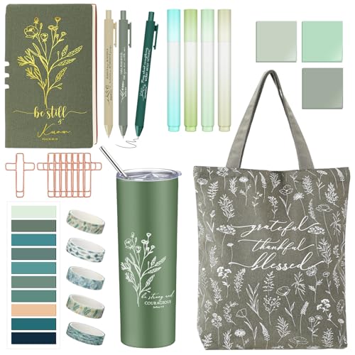 Patelai 29 Pcs Christian Bible Study Supplies for Women Teacher Inspirational Bible Journaling Kit Christian Gifts 20 oz Tumbler Tote Bag Highlighters Sticky for Friend Mom School Church(Green) - color: Green