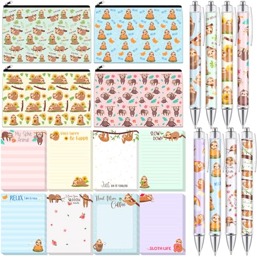 Eaasty 20 Pieces Sloth Gift Set Cute Sticky Notes with Pens, Pencil Bags Makeup Bags, 3 x 4 Inch Animal Notepads, Funny 1.0 mm Ballpoint Pens, Office Pink Bow Party Supplies for Women - style: Sloth