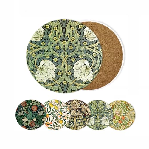 HUXJOKO Coasters for Drinks Set of 6,William Morris Floral Pattern Absorbent Ceramic Coaster,Round Stone Mat,with Cork Base and Metal Holder for Coffee Table Room Bar Home Decor Housewarming Gifts - color: William Morris 2, size: Round