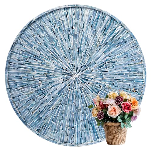 PEMAR 22" Round Mother of Pearl Extra Large Ottoman Tray with Raised Edge, Oversized Decorative Luxury Wooden Serving Tray for Food, Coffee Table, Breakfast in Bed (Blue Sunlight) - color: Blue Sunlight