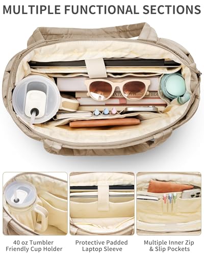 Bagstellar Puffer Tote Bag for Women, Lightweight Puffy Travel Gym Work Bag - color: Camel