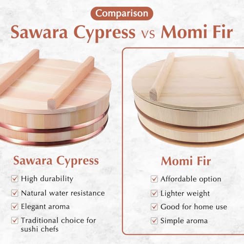 TIKUSAN Wooden Hangiri Sushi Rice Mixing Tub PP Band with Lid Made in Japan Made of Momi Fir Sushi Rice Bowl Sushi Oke (11.8" (30cm)) - size: 11.8" (30cm)