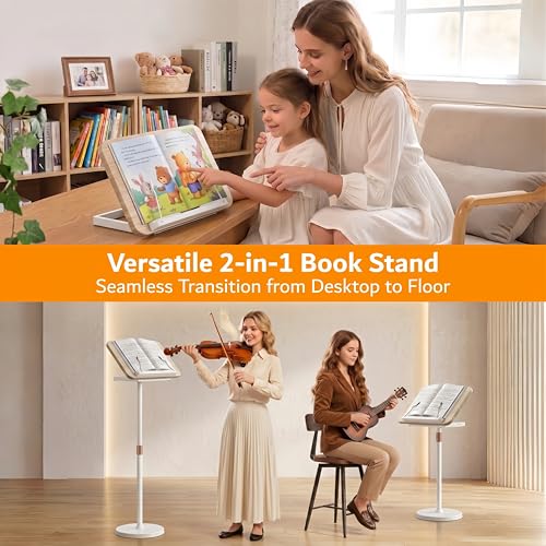 2-in-1 Floor & Desktop Book Stand with Large 16.5"x11.8" Wood Panel - color: White