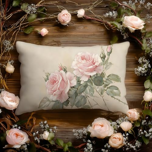 French Country Pink Rose Floral Pillow Cover 12x20 Double-Sided, Vintage Pink Flower Decorative Lumbar Throw Pillow Cover for Home Bedroom Living Room - color: A-rose-2, size: 20" x 12" (Pack of 1)