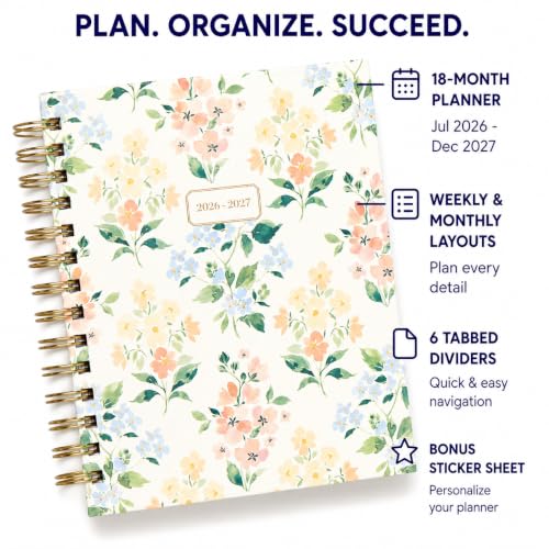 WORLD TRAVELER Academic Planner School Organizer Jul 2026-Dec 2027, 7"x9" - color: Multi Watercolor Floral