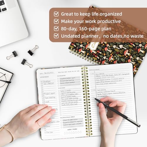 Undated Daily Planner - Spiral Notebook 80 Days One Day Per Page, Hourly Schedule, To-Do List, Notes, Everyday Planning Task, A5 Hardcover Journal Organizer Book Women Cute Aesthetic, Mushroom - color: Mushroom