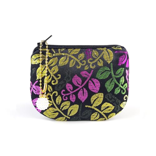 Handmade Women Coin Purse Brocade Zipper Wallet Rosary Pouch Silk Jewelry Bag - Black - color: Black