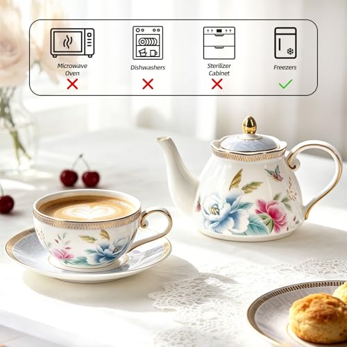 KAMMAK Tea for One Set, Ceramic Teapot, Bone China Tea Set, Cup and Saucer - color: Colorful-GH8