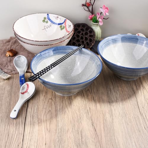 Ceramic Ramen Bowl Set of 2, 8.3" Blue Striped Japanese Noodle Bowls - color: BS