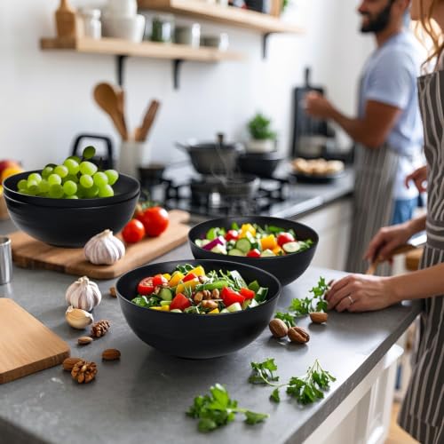 Greentainer Unbreakable Large Salad Bowls, 76 oz Plastic Serving Bowl Set of 6, Lightweight Black Bowl for Soup, Cereal, Fruit, Popcorn, Dishwasher & Microwave Safe - color: Black