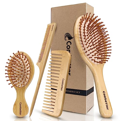 Bamboo Hair Brush and Comb Set for Hair Growth & Scalp Massager