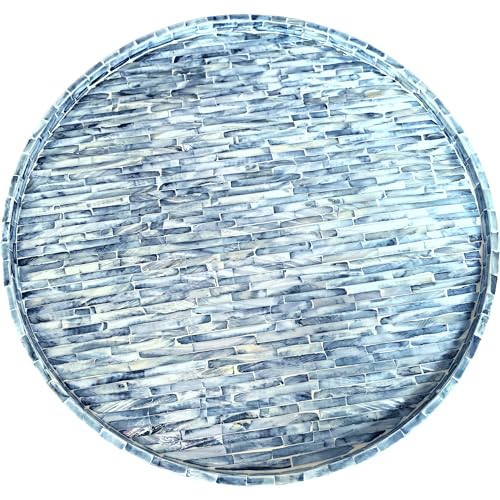 i-lan 17-inch Mother of Pearl Lazy Susan – Blue Brick Pattern Rotating Turntable with Smooth Spin, Large Decorative Tray for Dining Table, Kitchen Cabinet, Countertop & Holiday Gifting