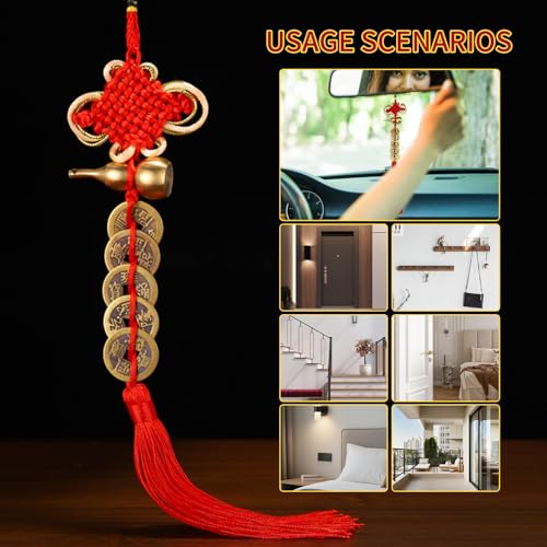 Feng Shui Good Luck Charms with Metal Gourd Red Knot Wall Hanging for Car,House,Office, Wealth and Success Five Emperor Money(5coins) - 2pcs - color: Chinese Knot Gourd & Coin Tassel 2pcs